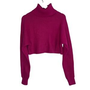 House of Harlow 1960 Ribbed Turtleneck Cropped Sweater Festival Fuschia Medium